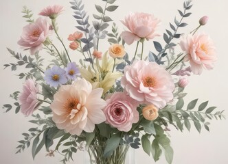 Delicate watercolor floral arrangement with pastel colors and organic shapes ,  petal details, ...