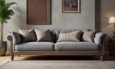 Low-slung grey sofa with ornate wooden legs sits amidst plush throw pillows and a vintage-inspired rug ,  comfort,  retro,  vintage