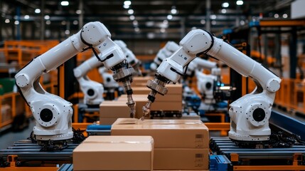 Advanced robotic arms efficiently packaging goods in a modern warehouse environment
