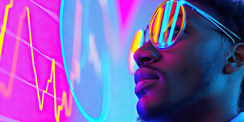 Close-up Portrait of Person with Reflective Sunglasses against Neon Graph Background