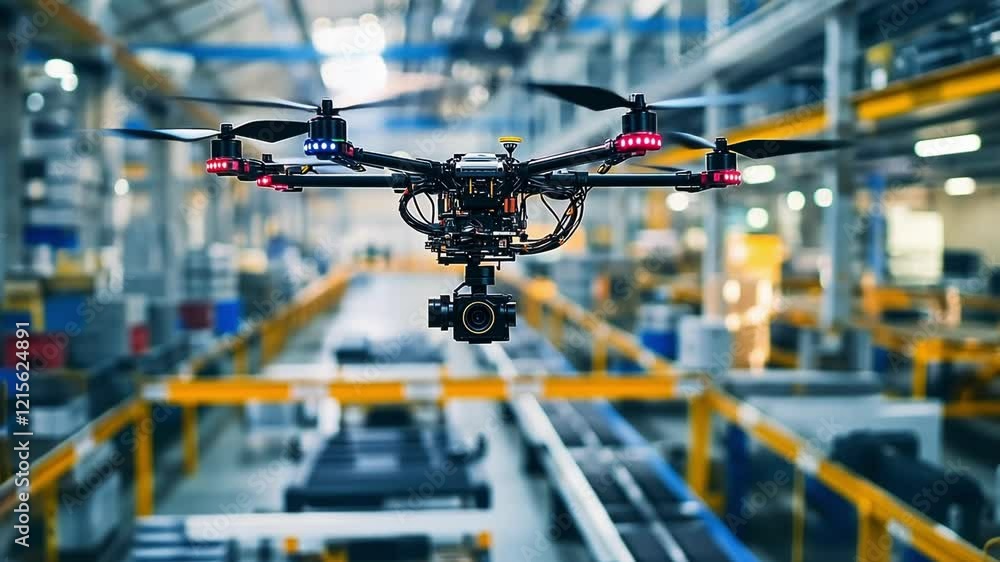 Poster modern technology automating production processes with a drone equipped with a camera flying in an i