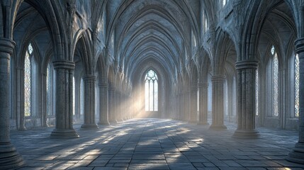 Naklejka premium Sunlit Gothic Cathedral Hallway With Stone Pillars