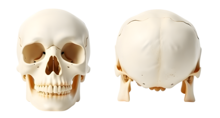 Detailed anatomical human skull model, front and back view, isolated on black.