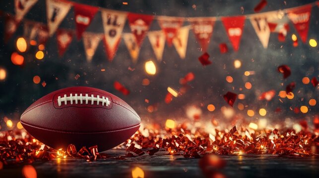 Vibrant Football with Decorative Bunting and Shimmering Confetti on a Dark Background, Perfect for Celebrating Sports Events, Parties, and Tailgating Gatherings