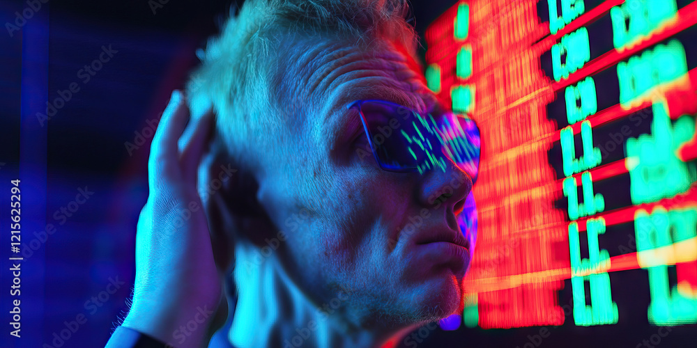 Poster man with sunglasses in front of a digital display