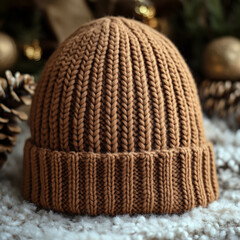 Fototapeta premium Brown Ribbed Knit Beanie on Fuzzy Surface