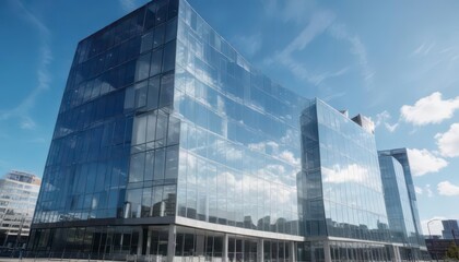 Fototapeta premium Office building with modern glass fa?ade against blue sky backdrop , corporate, modern, architecture