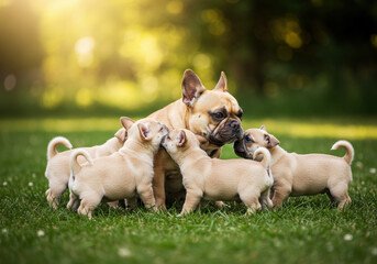 Fototapeta premium Female French Bulldog with puppies