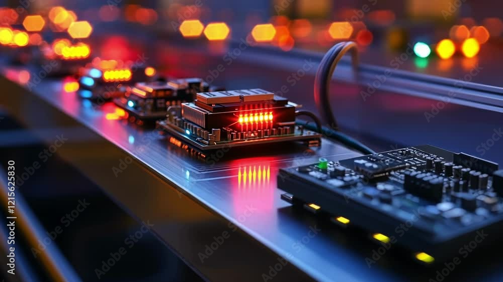 Poster several electronic devices with red led lights and microchips are undergoing testing on an assembly 