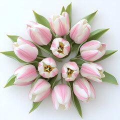 Fototapeta premium Pink and white tulips arranged in a circle on a white background. A beautiful floral arrangement.