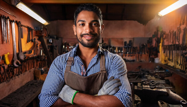 Young metalworker smiling with crossed arms in his workshop