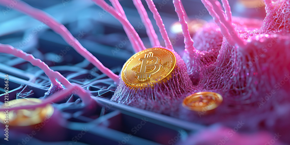 Fototapete three-dimensional rendering of bitcoin in organic structure