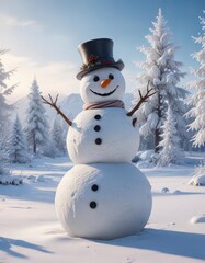 Frosty landscape with happy snowman in winter wonderland,  serene landscape,  peaceful atmosphere , snowman