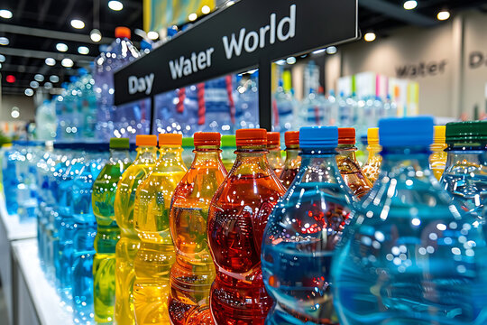 eco-friendly events, colorful water bottles neatly arranged, world water day banner above, lively conversations filling the room at the awareness event