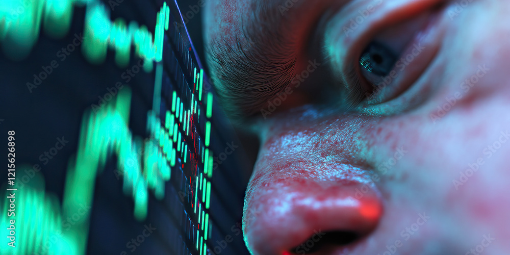 Poster close-up of face and digital data display