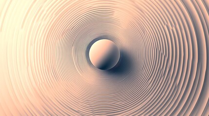 A minimalist 2D pattern of concentric circles in subtle gradients, contrasted by a bold, oversized 3D sphere emerging from the center