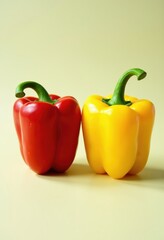 Vibrant red and yellow bell peppers sit side-by-side against a pale green backdrop. A simple, yet striking image of fresh produce.
