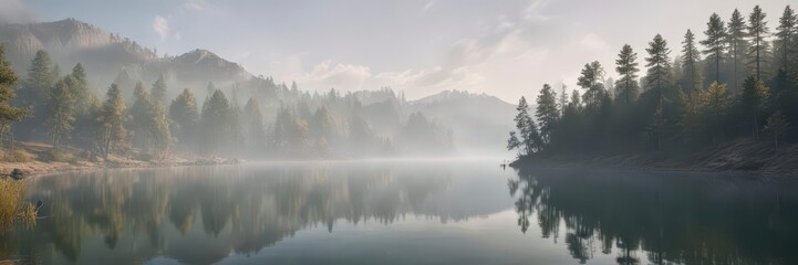 Fototapeta premium Gentle fog rolls in over a peaceful lake scene with trees and hills, misty, water, calm