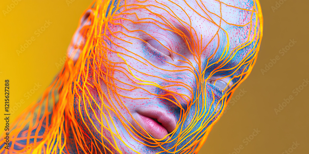Poster human face with multicolored network pattern