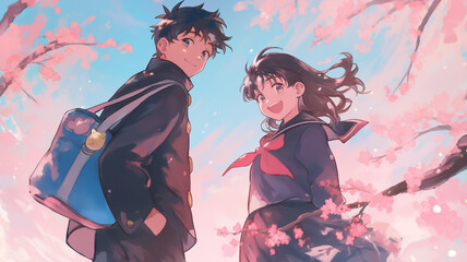 桜の下で微笑む高校生のカップル：春の青春物語。ノスタルジーな日本のアニメイラスト風。柔らかな水彩タッチのイラスト。