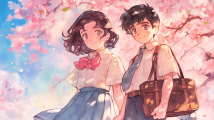 Fototapeta premium 満開の桜と制服姿の男女の友情：春の青春の瞬間。ノスタルジーな日本のアニメイラスト風。柔らかな水彩タッチのイラスト。
