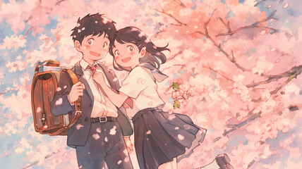 満開の桜と制服姿の男女の友情：春の青春の瞬間。ノスタルジーな日本のアニメイラスト風。柔らかな水彩タッチのイラスト。