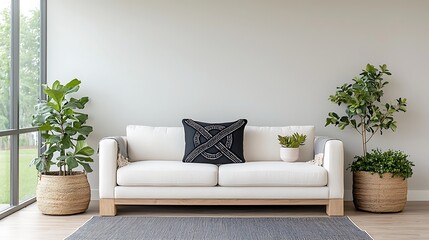 Modern living room, white sofa, plants, minimalist decor, home interior design