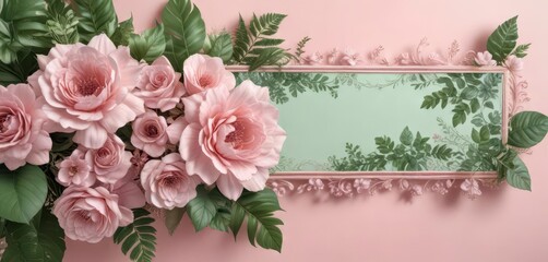 Pastel pink floral banner with intricate designs and lush greenery,  floral banner,  party decoration,  outdoor decoration