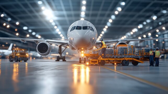 Airplane being loaded with cargo in a bustling hangar, showcasing ground crew and equipment