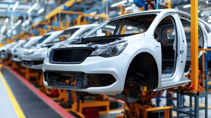 Obraz premium Assembly line of white vehicles in a modern factory showcasing production efficiency and technology