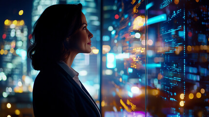 Naklejka premium Businesswoman in Tailored Suit by City Window