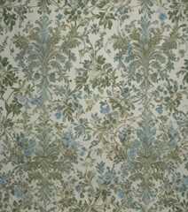 Intricate damask design featuring scrolling vines, leaves, and flowers in muted shades of green and blue on a neutral grey background,  neutral,  botanical,  flower