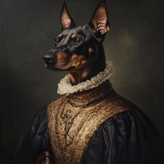 Regal doberman in renaissance attire against dark background