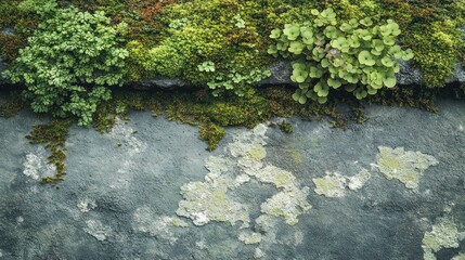Mossy stone wall texture, plants growing, outdoors, background blur, nature design