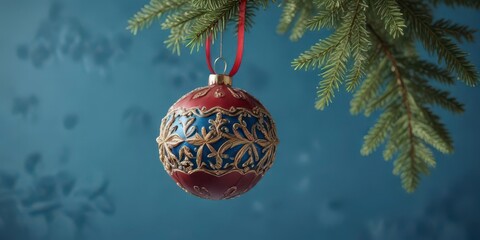 Ornamented Christmas decoration hanging from a branch on blue background,  christmas decor,  winter scene,  mistletoe