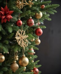 Fototapeta premium Ornamented Christmas tree branch with greenery and festive decorations, festive, red, wooden