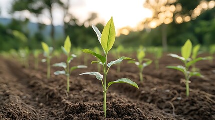 New plants sprout in rows in a field at sunset, representing growth and sustainable agriculture