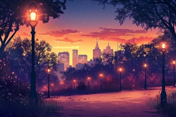 Tranquil park at sunset with glowing city skyline and street lamps