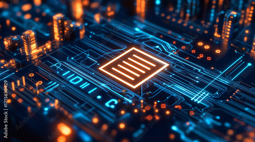 Poster smart factory circuit board with industry 4.0 icon: a digital banner showcasing an illuminated indus