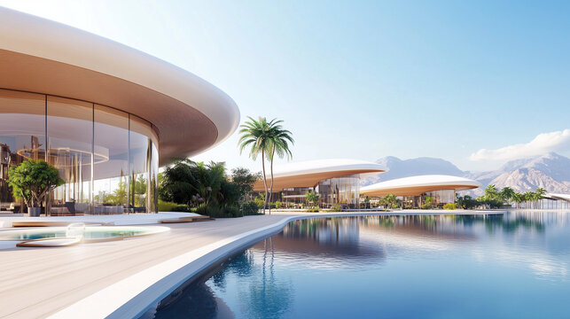 Futuristic Oxagon Eco-City in NEOM, Saudi Arabia, An industrial city floating on water, blending innovative architecture, sustainable energy, and AI-driven robotics to create a cle