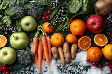 winter produce display, artfully arranged seasonal fruits and vegetables on a snowy background, vibrant and minimalist, perfect for social media © SuzeO