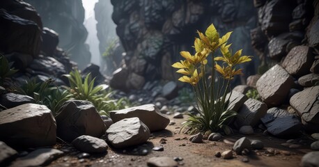 Rare and ominous plants thrive in a dimly lit, atmospheric setting amidst crumbling stones,  moss,  overgrown landscape,  natural wonder