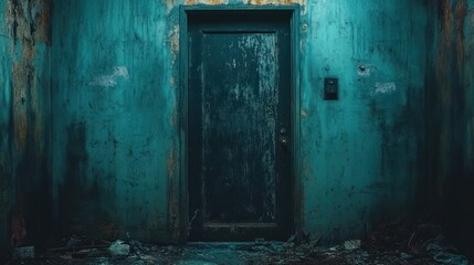 Old door, derelict building, night, mystery, horror film scene