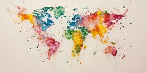 World map made of colorful watercolor splashes on a clean white background.