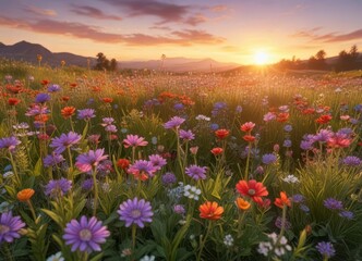 Obraz premium Vibrant wildflowers in a natural meadow at sunset, atmosphere, sky, wildflowers