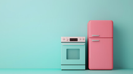 Brightly colored kitchen appliances against a mint background interior design modern style minimalist viewpoint