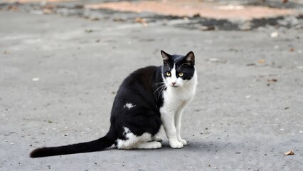 Stray Cat Photography, Black and White Cat Sitting on Ground, Urban Pet Portrait