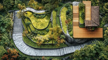 Fototapeta premium Model home on terraced hillside with winding stairs, forest backdrop, architectural design