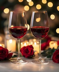 Two wine glasses with red wine placed on a table surrounded by candles and roses.