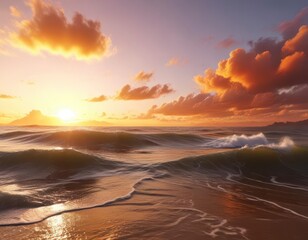 Sunset with vibrant orange and yellow wave colors in the sky,  wave,  ocean,  vibrant